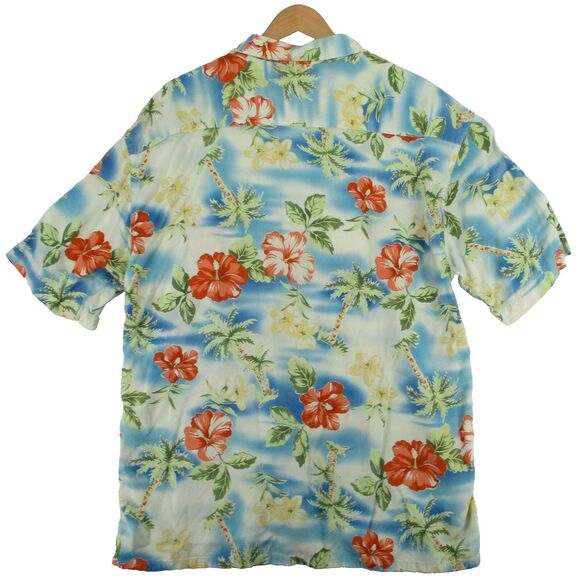 Vintage Pierre Cardin Hawaiian Button Up Shirt sz XL Men Blue Red Palms Hibiscus - Picture 2 of 7